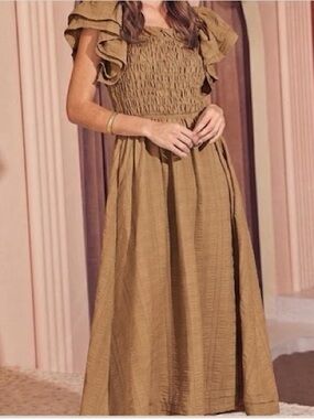 MIOU MUSE Ruffled sleeve Smocked Midi Dress Brown/ Tan Color Size Small